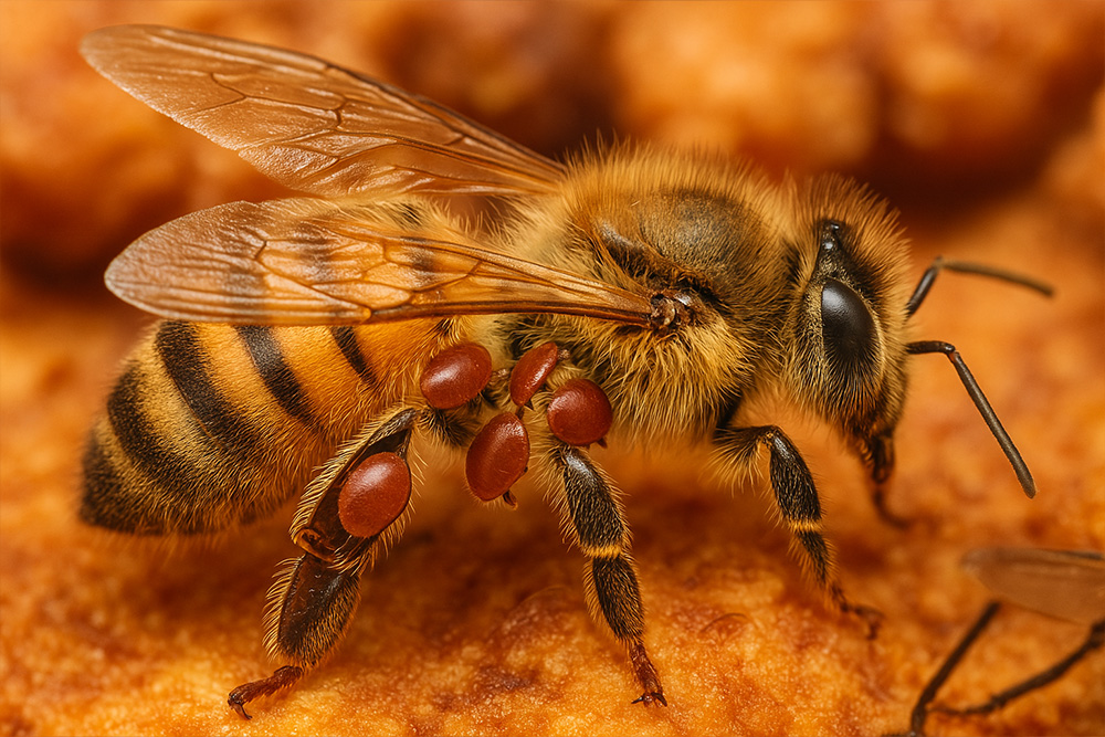 Detail včely medonosné s roztoči Varroa na zadečku