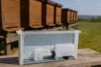 Nassenheider Universal R s odpařovací vložkou v průhledném boxu před řadou dřevěných úlů