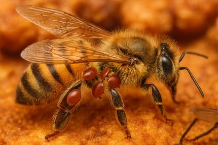 Detail včely medonosné s roztoči Varroa na zadečku