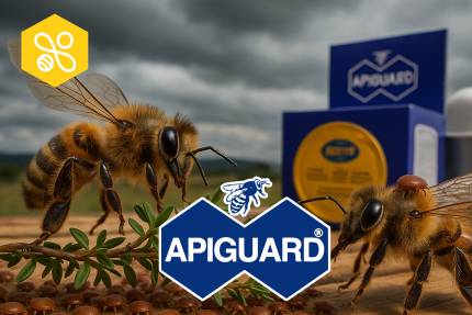 Balení přípravku Apiguard s motivem včely pod zataženou oblohou