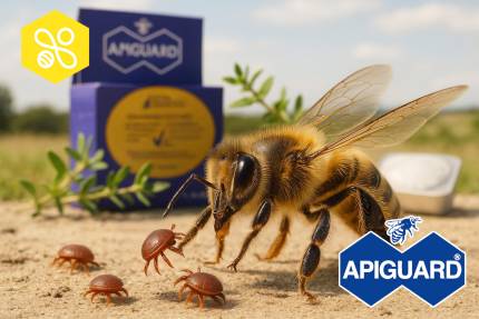 Balení přípravku Apiguard s modrofialovou krabičkou a motivem včely
