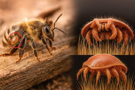 Koláž včely napadené roztočem Varroa a detailů roztoče