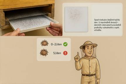 Infografika monitoringu spadu roztoče Varroa s podložkou, počty roztočů a včelařem