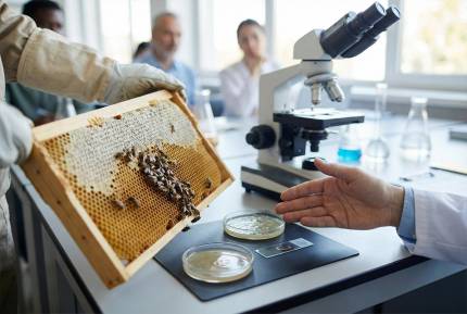 Včelař drží plást s včelami v laboratoři vedle mikroskopu a Petriho misek