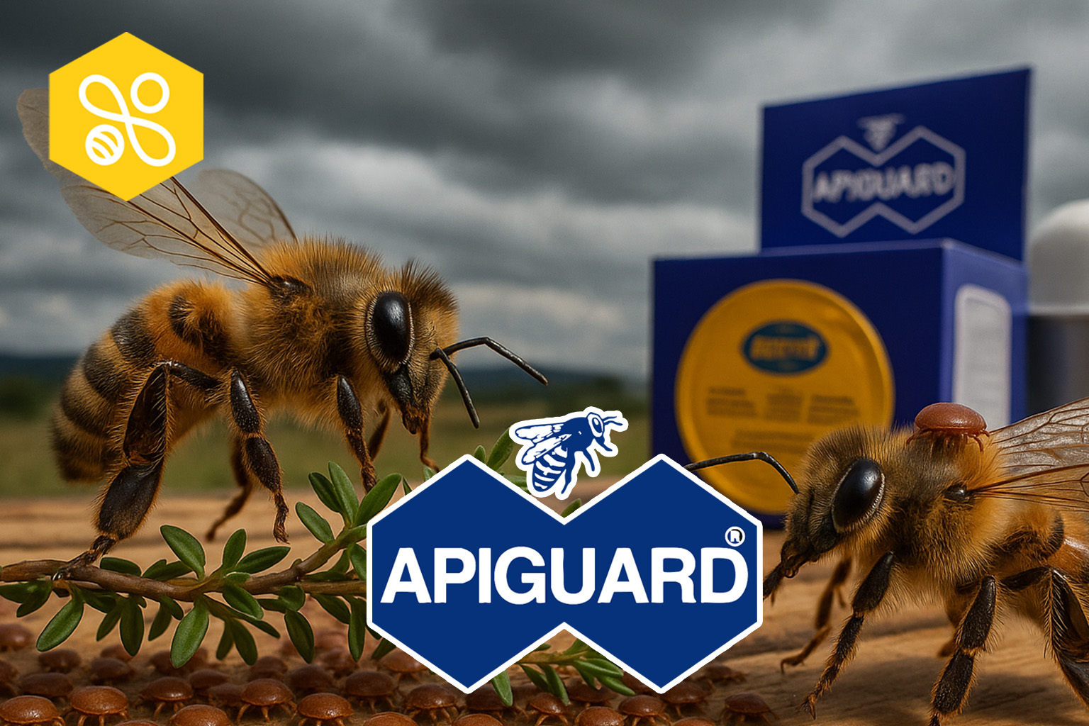 Balení přípravku Apiguard s motivem včely pod zataženou oblohou