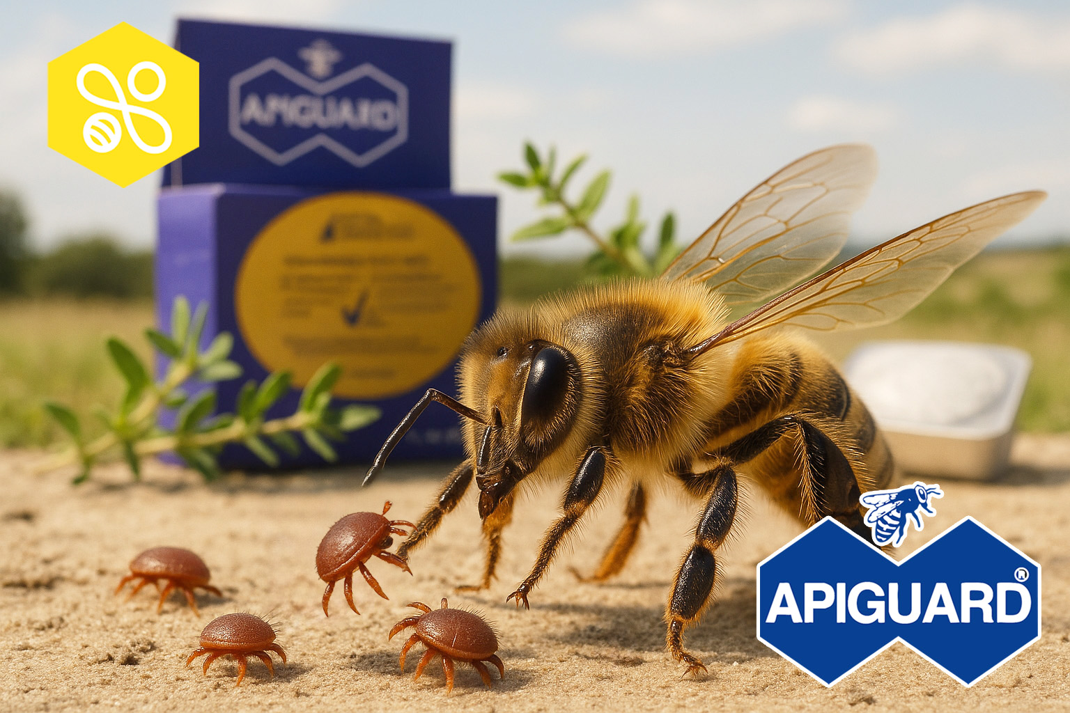 Balení přípravku Apiguard s modrofialovou krabičkou a motivem včely